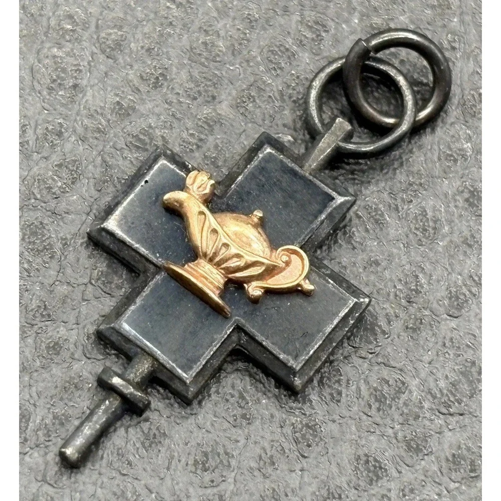 Vintage Sterling Silver Stone Inlay Cross Fob Charm with Applied Rose Gold Tone